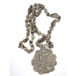 Vintage Carved Stone Necklace Grey White Statement Pendant 27”